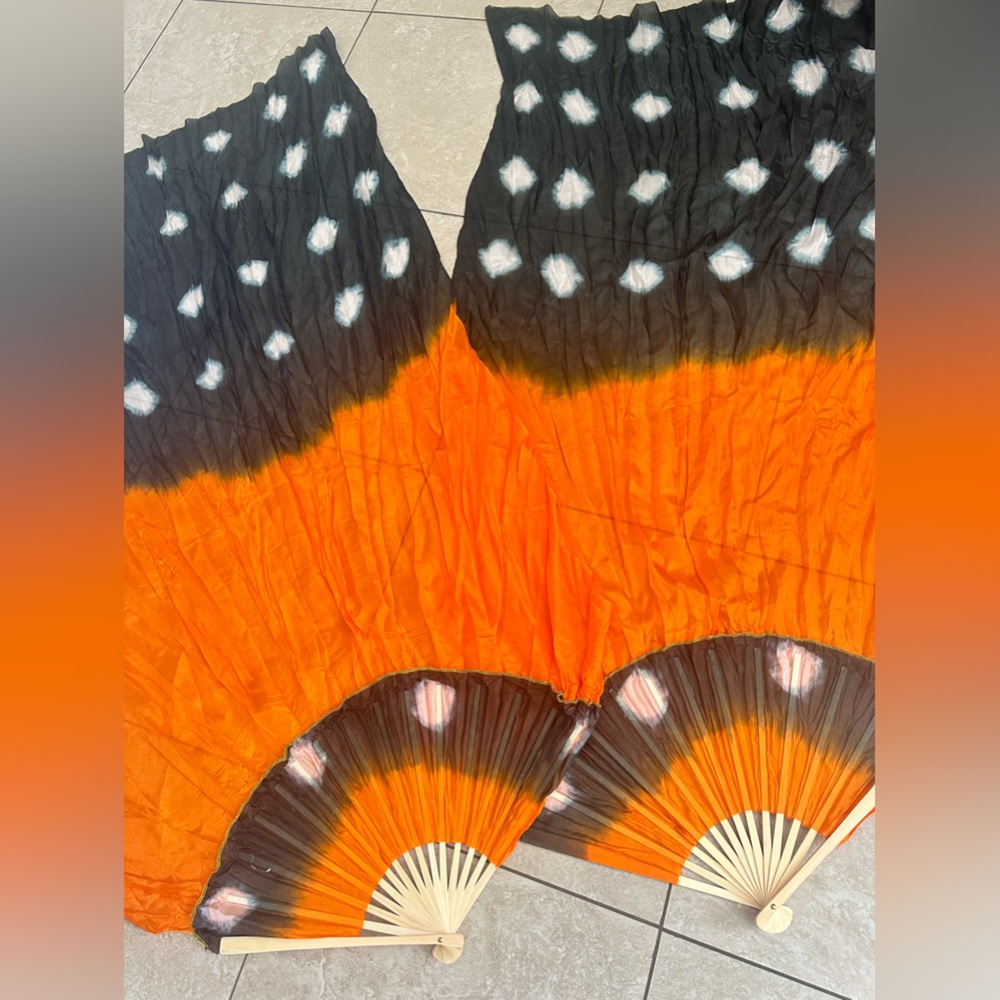 Vibrant orange and black butterfly flow silk veil fans